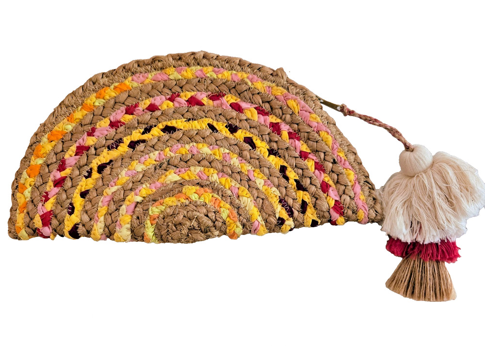 Anthropologie ANTIK KRAFT Chindi Moon Multi Woven Straw Clutch Bag Tassels